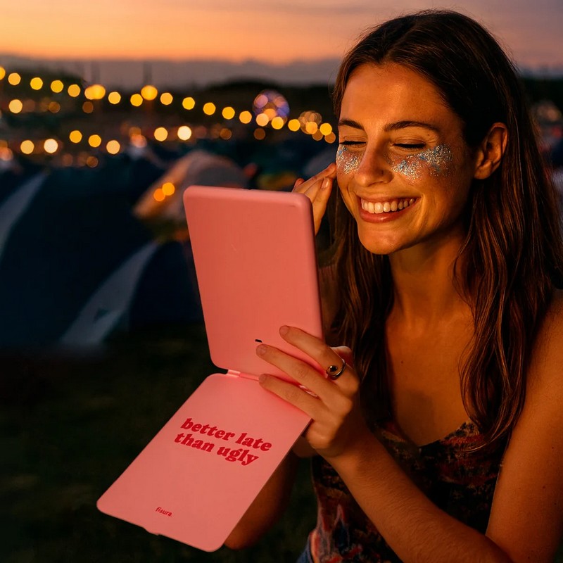 Specchio con luce (3 modalità con controllo touch) portatile a forma di tablet rosa con scritta “Better late than ugly”, un'utilissima idea regalo donna o per Natale